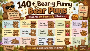 Cute bear pun poster with funny cartoon bears, woodland themes, and hilarious bear jokes in colorful design.