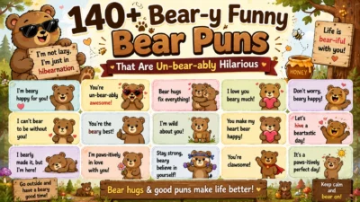 Cute bear pun poster with funny cartoon bears, woodland themes, and hilarious bear jokes in colorful design.