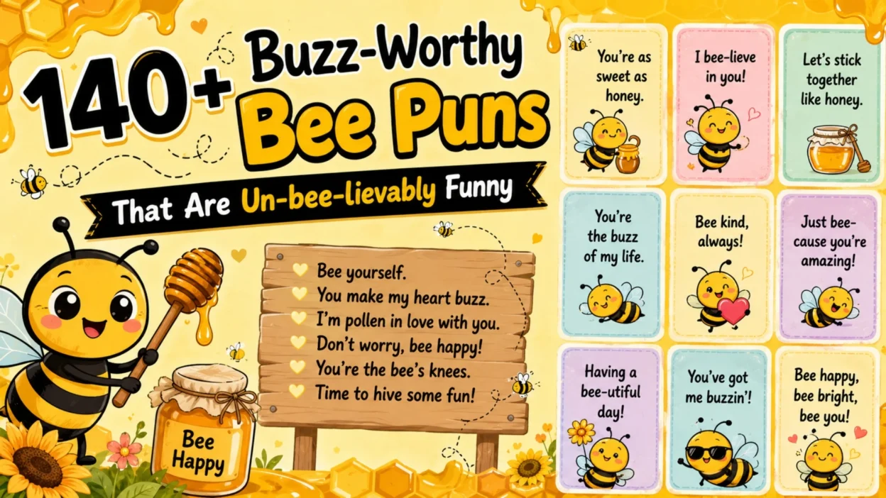 Cute bee pun poster with cartoon bees, honey jars, and funny buzz-worthy bee jokes in bright yellow colors.