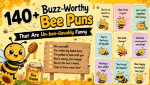 Cute bee pun poster with cartoon bees, honey jars, and funny buzz-worthy bee jokes in bright yellow colors.