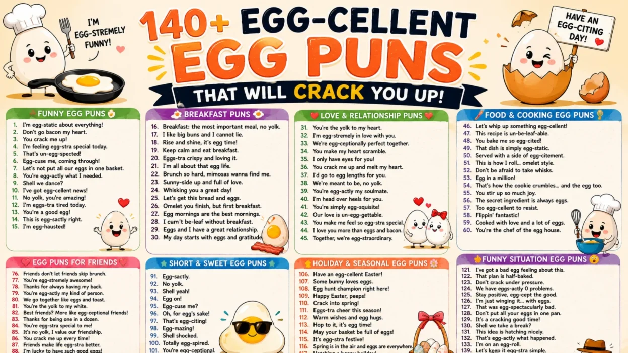 Funny egg puns infographic with cute cartoon eggs, breakfast jokes, and colorful humorous typography