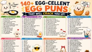 Funny egg puns infographic with cute cartoon eggs, breakfast jokes, and colorful humorous typography