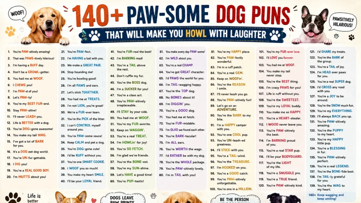 Funny dog puns poster with cute puppies and hilarious canine jokes in a colorful design