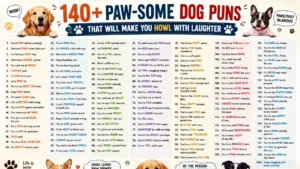 Funny dog puns poster with cute puppies and hilarious canine jokes in a colorful design