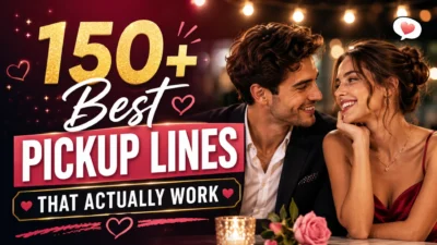 150+ best pickup lines image with a smiling couple on a romantic date and bold dating text
