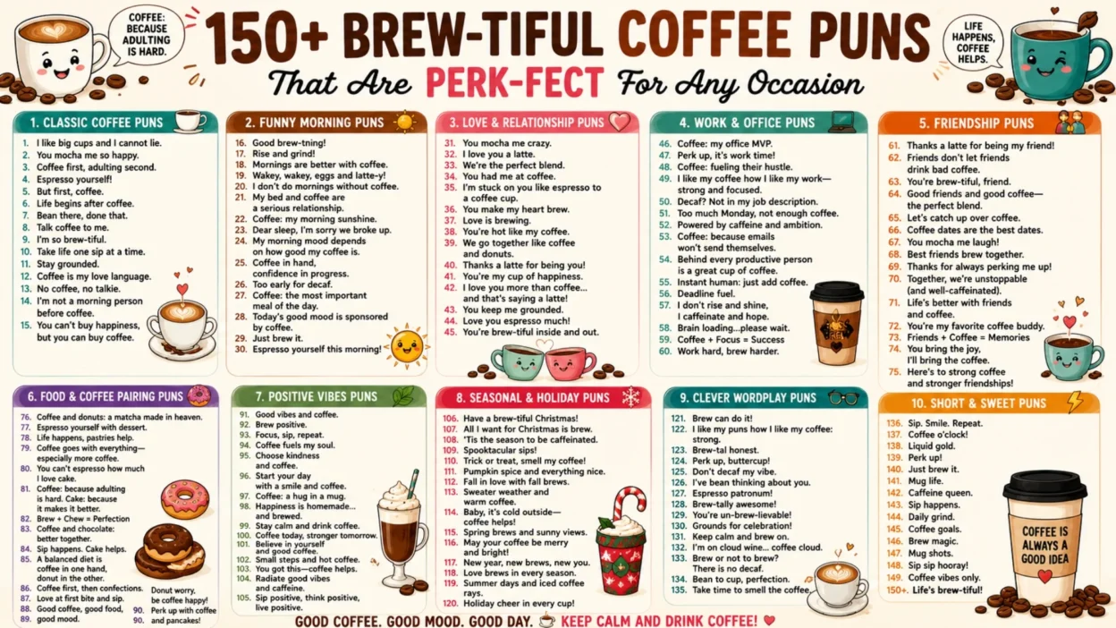 Funny coffee puns infographic with cute coffee cups, cafe humor, and colorful caffeine-themed jokes