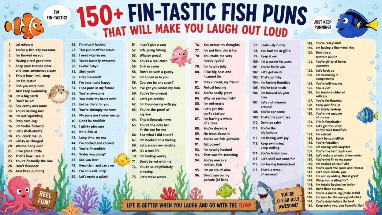 Colorful fish pun infographic poster with cute sea creatures and 150+ funny ocean-themed jokes and playful quotes.