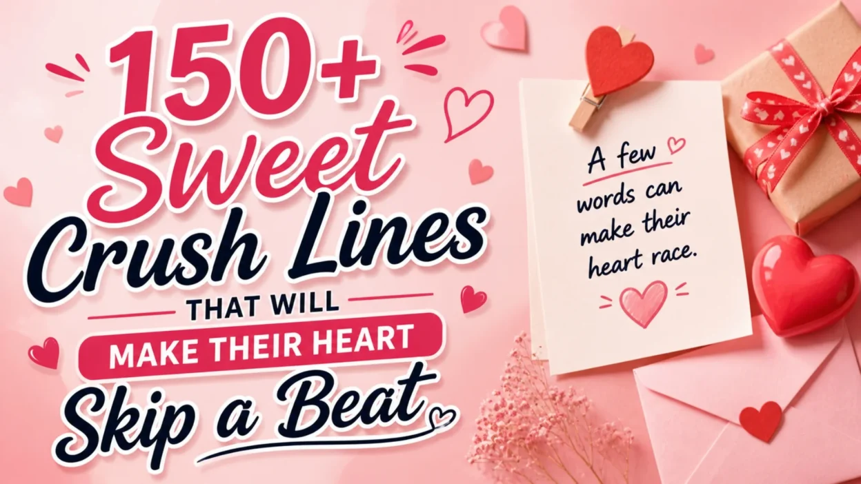 150+ sweet crush lines image with pink hearts, love note card, envelope, and gift box on a romantic background