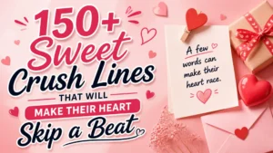 150+ sweet crush lines image with pink hearts, love note card, envelope, and gift box on a romantic background