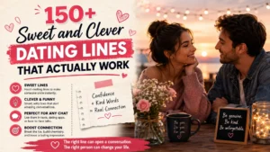 150+ sweet and clever dating lines image with romantic couple, sunset, hearts, and conversation tips