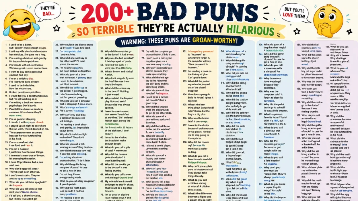 Funny bad puns infographic with colorful jokes, emojis, and hilarious groan-worthy wordplay on a bright background