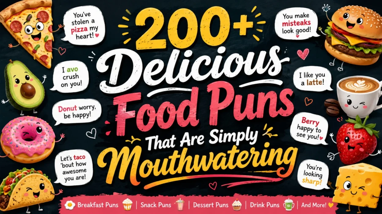 Colorful food pun illustration with cute pizza, burger, donut, taco, and coffee characters on a fun chalkboard background