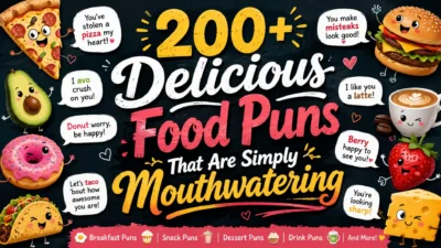 Colorful food pun illustration with cute pizza, burger, donut, taco, and coffee characters on a fun chalkboard background