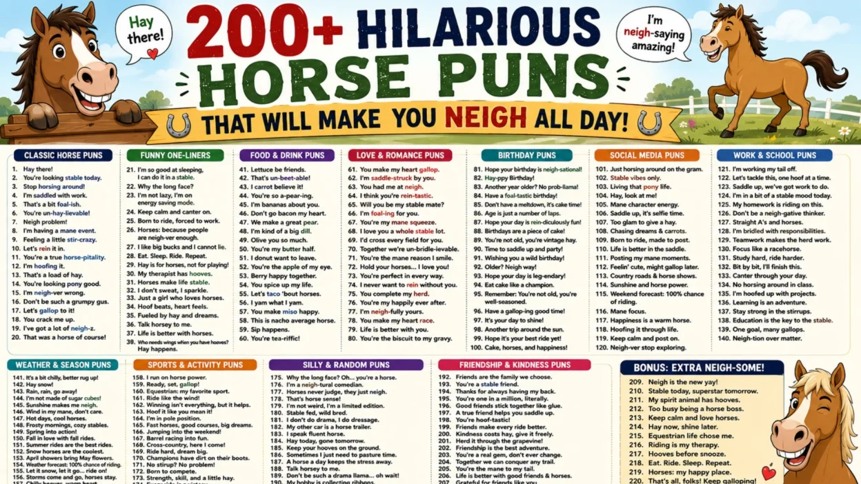 Funny horse puns infographic with colorful equestrian jokes, cute horses, and hilarious neigh-themed humor