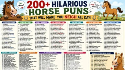 Funny horse puns infographic with colorful equestrian jokes, cute horses, and hilarious neigh-themed humor