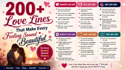 200+ love lines banner with romantic quotes, sunset couple, and cute, deep, sweet, and true love categories