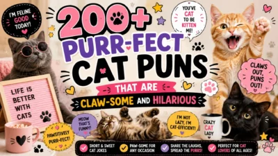 200+ cat puns graphic with funny cats, paw prints, playful jokes, and claw-some humor for cat lovers.