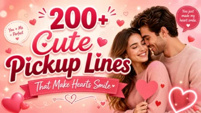 200+ cute pickup lines banner with a smiling couple, pink hearts, and romantic text design
