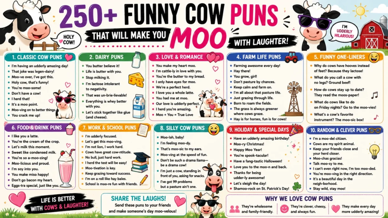 Funny cow puns infographic with cute cartoon cows, dairy jokes, and colorful farm-themed humor