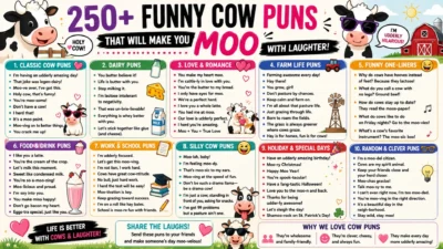 Funny cow puns infographic with cute cartoon cows, dairy jokes, and colorful farm-themed humor