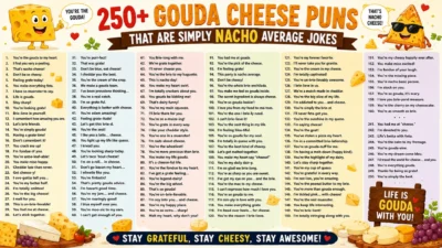 Colorful cheese pun infographic with funny Gouda jokes, cartoon cheese characters, and cheesy humor quotes.