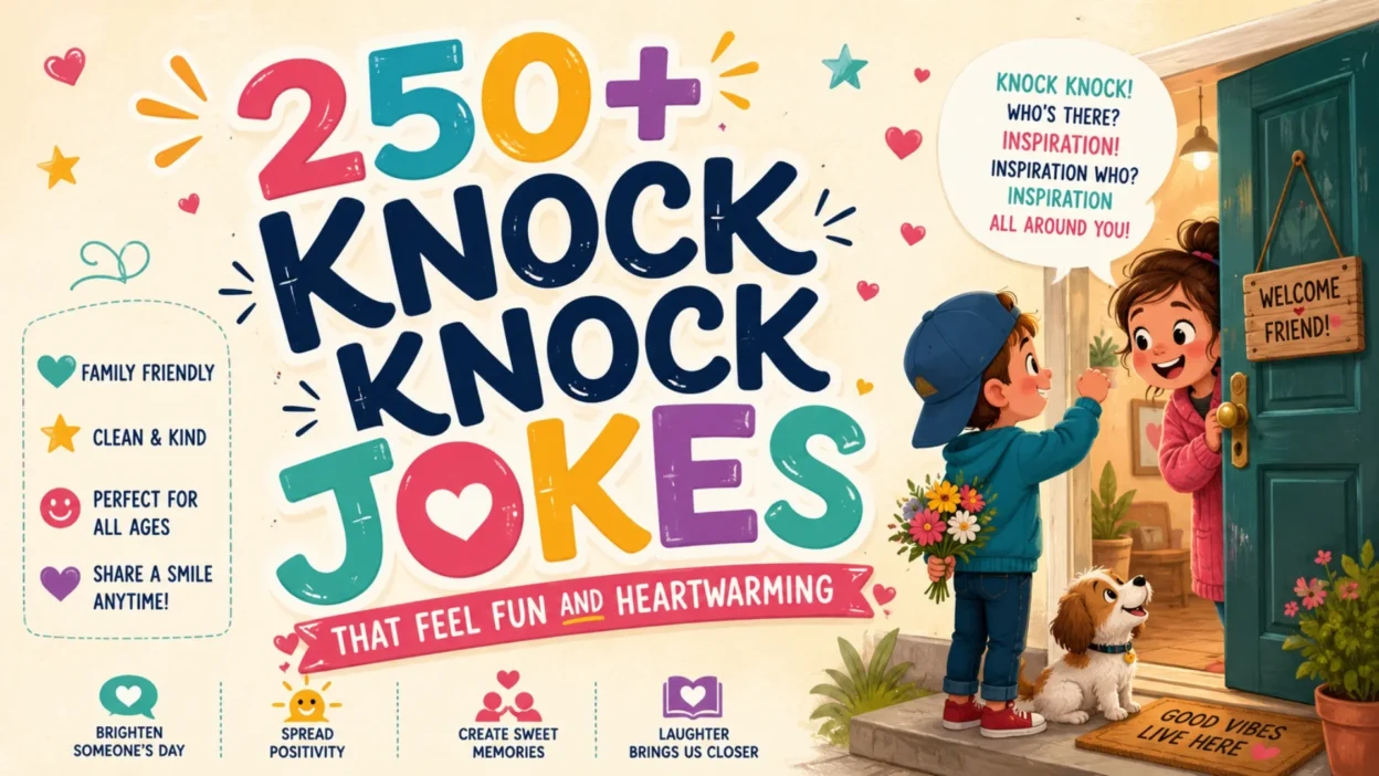 Colorful 250+ knock knock jokes poster with cute kids sharing laughter and heartwarming family-friendly humor