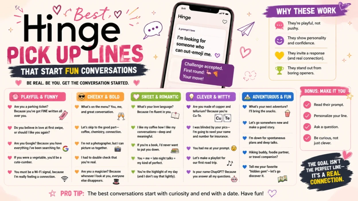 Colorful Hinge pickup lines infographic with fun dating conversation starters and playful romantic design