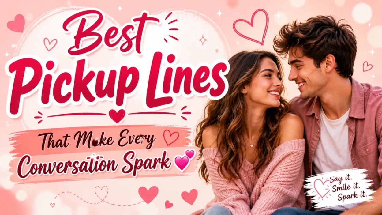 Best pickup lines banner with a smiling couple, pink hearts, and a soft romantic background