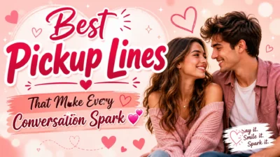 Best pickup lines banner with a smiling couple, pink hearts, and a soft romantic background
