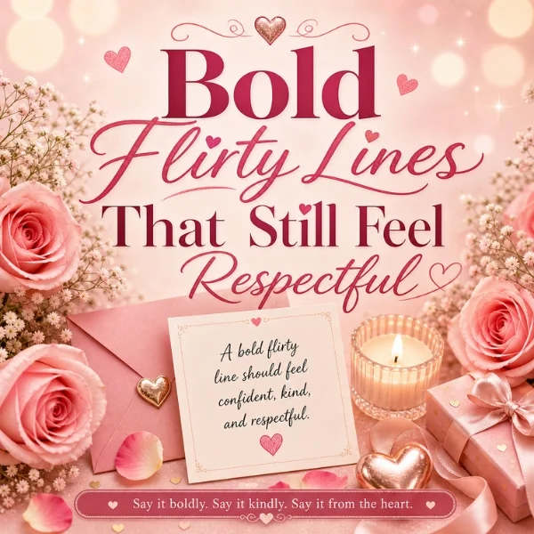 Bold flirty lines image with pink roses, love note, candle, envelope, gift box, and respectful romantic text