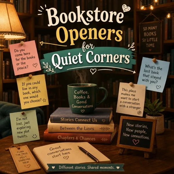 Bookstore openers poster with cozy bookshelves, coffee mug, sticky notes, and quiet reading corner vibes