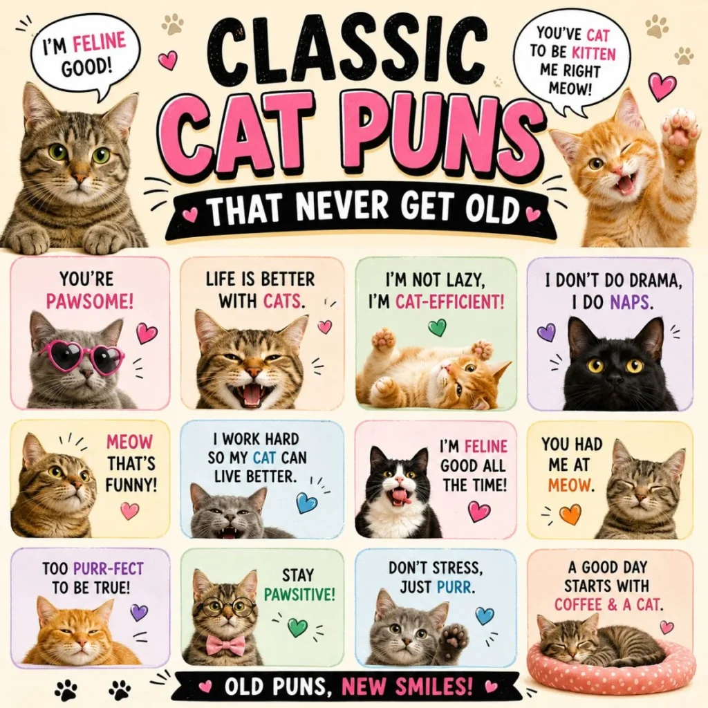 Classic cat puns graphic with funny cats, paw prints, cute jokes, and timeless feline humor for cat lovers.