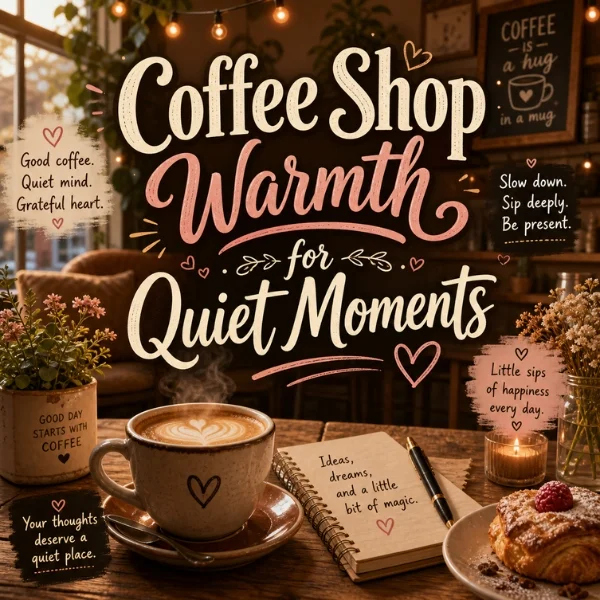 Coffee shop warmth poster with latte, cozy café lights, pastry, notebook, and quiet moment quotes