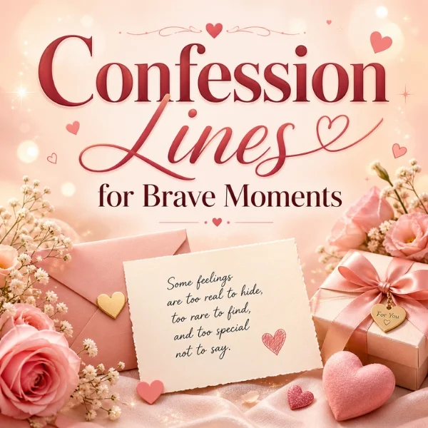 Confession lines for brave moments image with pink envelope, love note, roses, heart gift box, and romantic pastel design