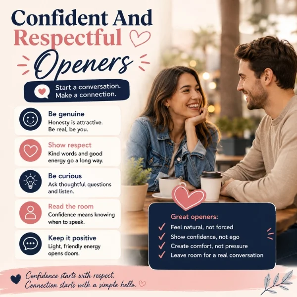 Confident and respectful openers infographic with dating tips, smiling couple in a cafe, and friendly conversation advice