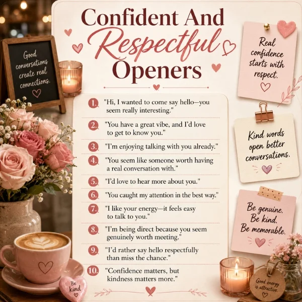 Confident and respectful openers image with coffee, roses, candles, and kind dating conversation starters