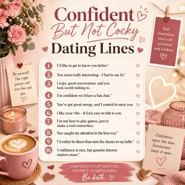 Confident but not cocky dating lines image with soft pink decor, coffee, flowers, and genuine dating advice