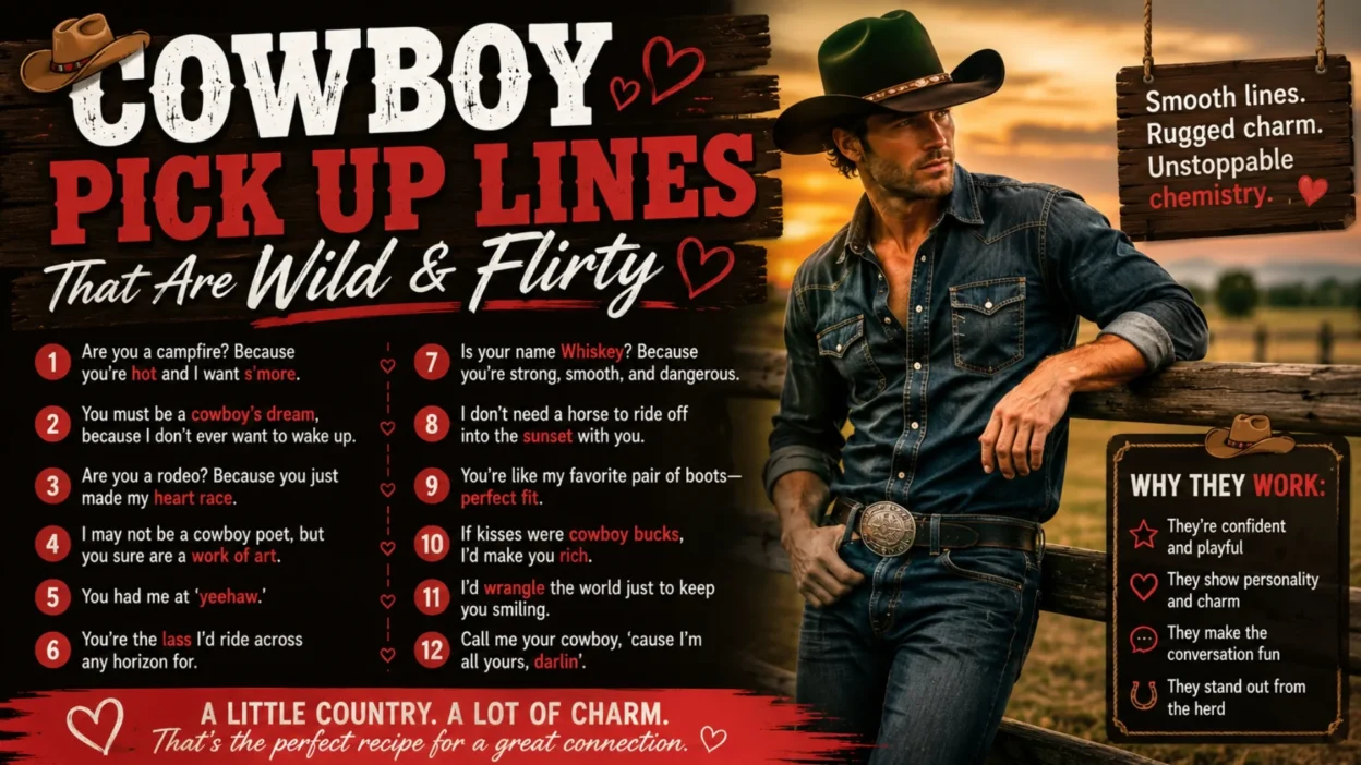Cowboy couple smiling with wild western pick up lines in a rustic rodeo-style background