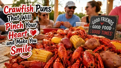 Funny crawfish puns featured image with a colorful crawfish boil, friends laughing, and Cajun seafood feast.