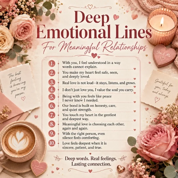 Deep emotional lines for meaningful relationships image with roses, candle, coffee, and heartfelt love quotes