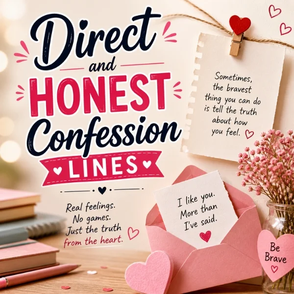 Direct and honest confession lines image with pink envelope, love notes, flowers, and a soft romantic design