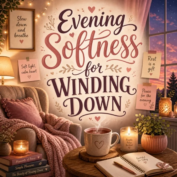Evening softness poster with cozy chair, warm tea, candlelight, notebook, and calming decor for winding down