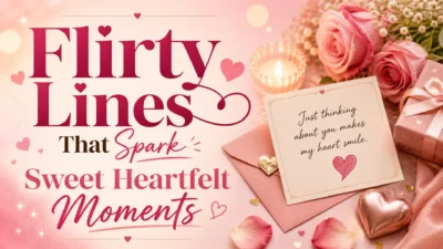 Flirty lines image with pink roses, love note, envelope, candle, gift box, and romantic hearts