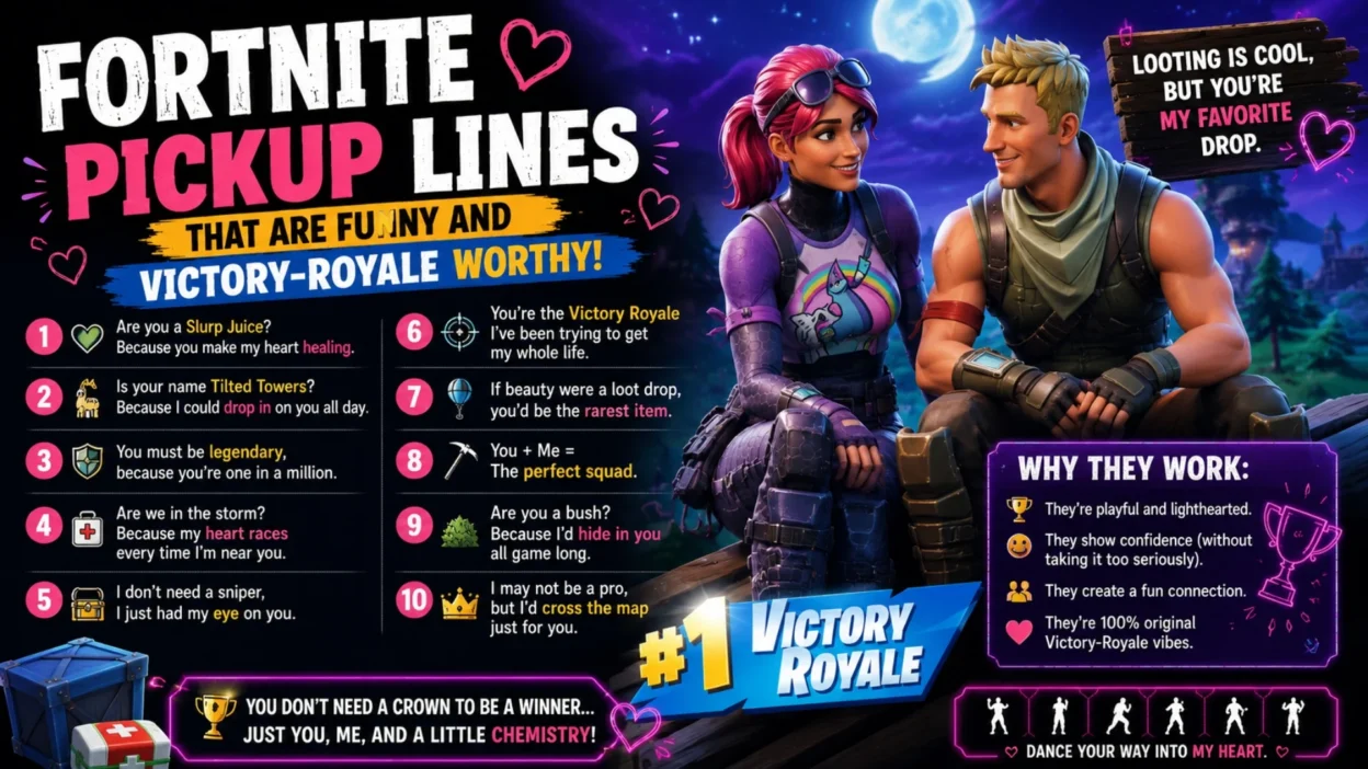 Funny Fortnite-inspired pickup lines with colorful gaming graphics and Victory Royale themed design