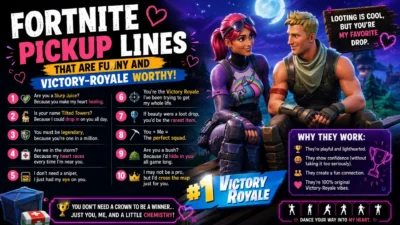 Funny Fortnite-inspired pickup lines with colorful gaming graphics and Victory Royale themed design