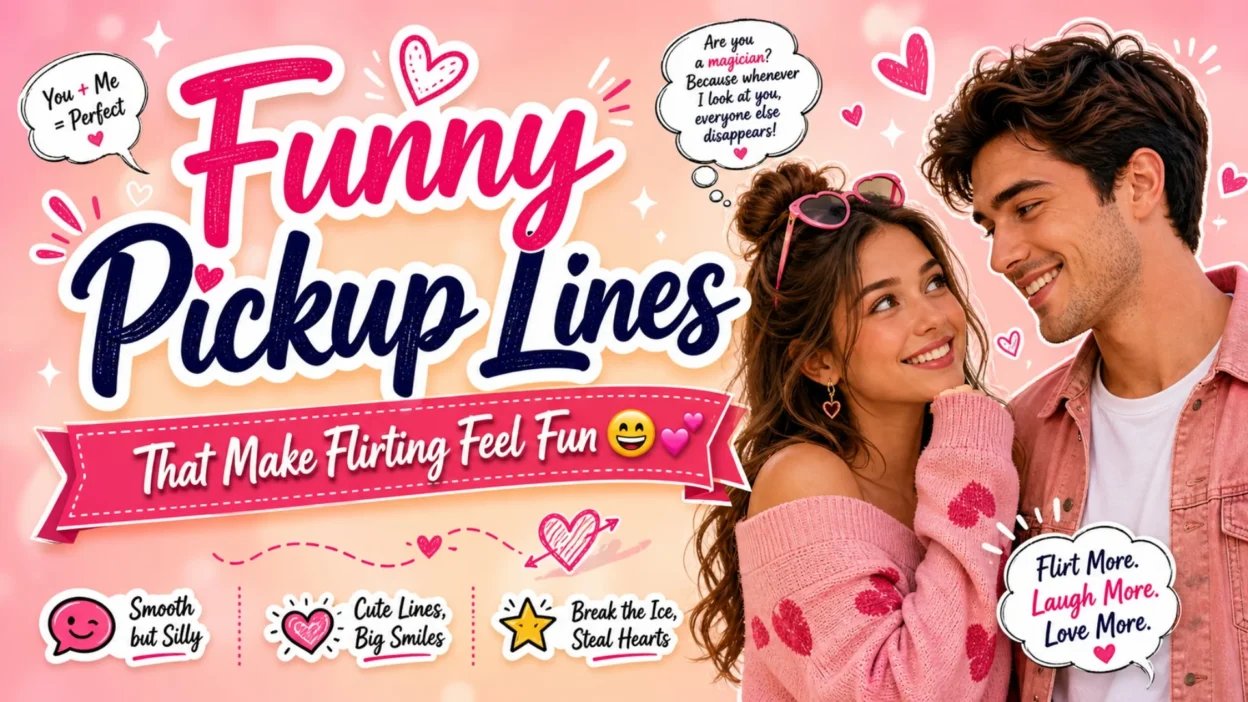 Funny pickup lines banner with a smiling couple, pink hearts, and playful romantic doodles