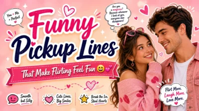 Funny pickup lines banner with a smiling couple, pink hearts, and playful romantic doodles