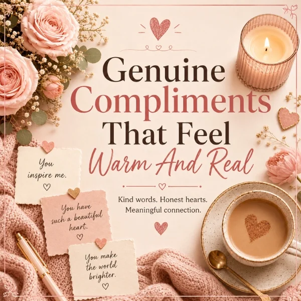 Genuine compliments image with pink roses, candle, coffee, cozy notes, and warm heartfelt words