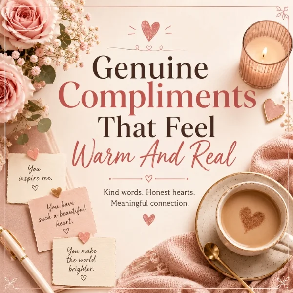 Genuine compliments image with soft pink roses, candle, coffee, and heartfelt notes about warm and real kindness