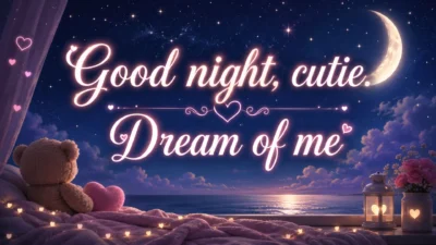 Good night cutie dream of me romantic quote with moon, stars, teddy bear, and glowing hearts
